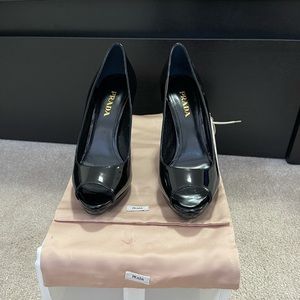 Prada Black Patent Leather Open Toe Platform Pumps